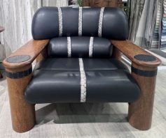 Messina Armchair by Pacific Green — deep blue leather, in stock in Sydney